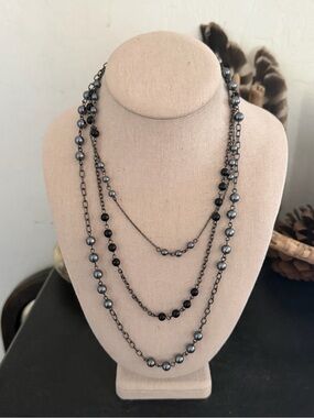 Vintage Black & Gunmetal Multi Strand Beaded Necklace